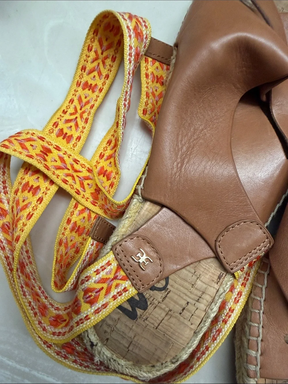 Sam Edelman Brown Leather Espadrille Sandals with Yellow Patterned Wrap Straps